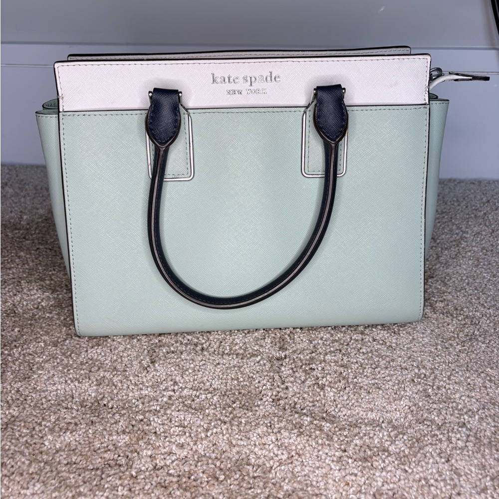 kate spade Mint & White Leather Tote with Black Handles